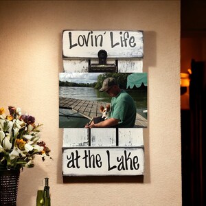 Lake PICTURE FRAME Photo SIGN Reclaimed Lovin Life at the Lake on the Farm Farmhouse Wall Decor Cream Blue Green Wood Fisherman Farmer Gift image 2