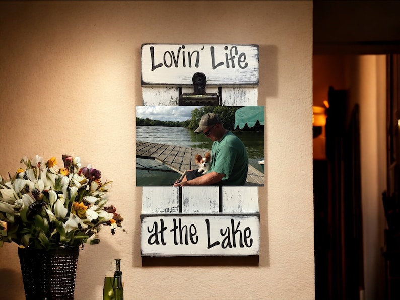 Lake PICTURE FRAME Photo SIGN Reclaimed Lovin Life at the Lake on the Farm Farmhouse Wall Decor Cream Blue Green Wood Fisherman Farmer Gift image 2