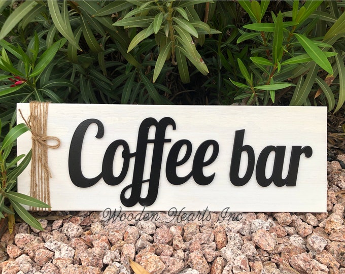 COFFEE BAR Sign Wood, 3D Lettering with Jute Rope, Home Kitchen Cafe Coffee Shop Housewarming Gift House 7x20 White Gray Black, Horizontal