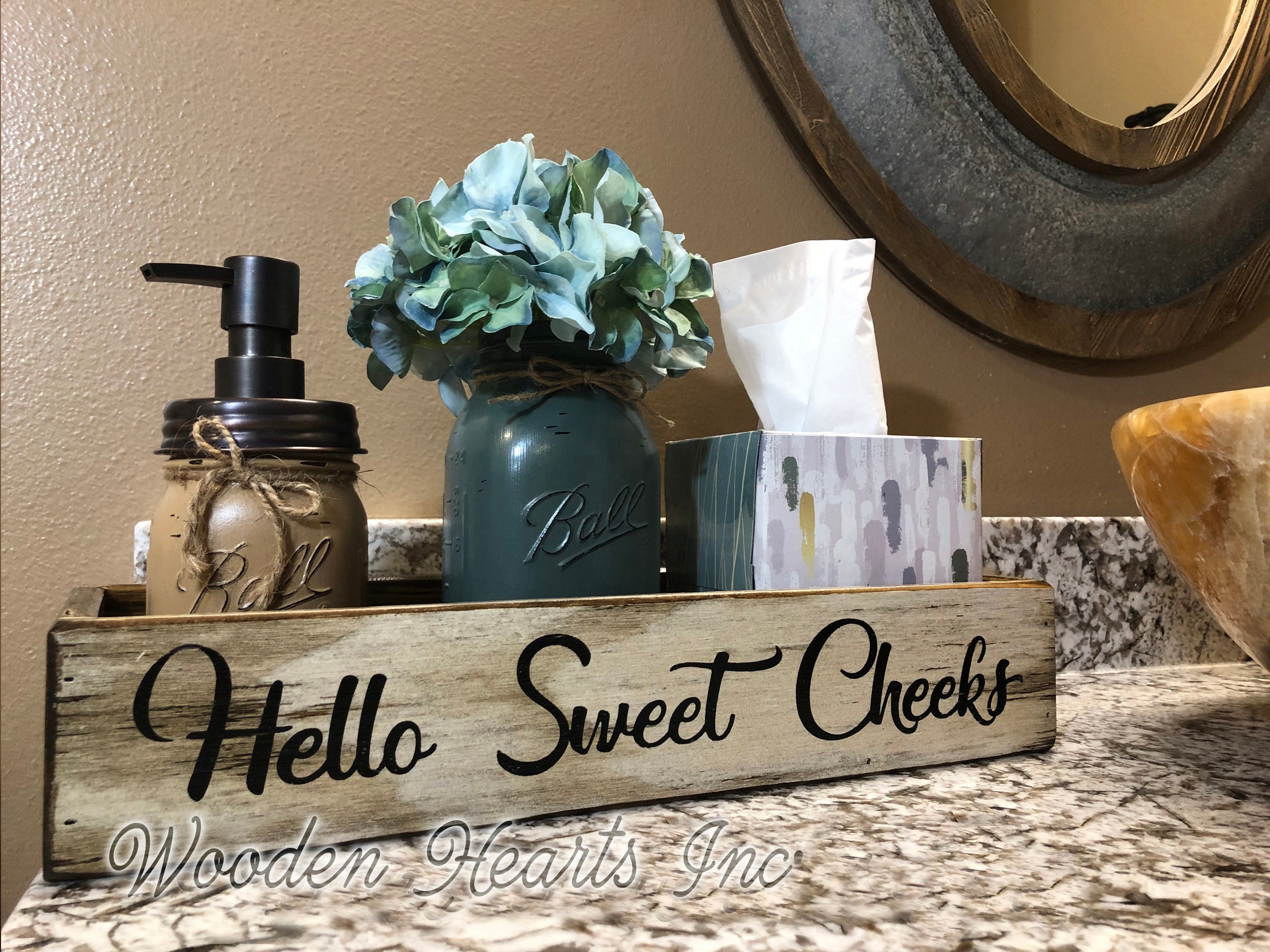 Bathroom Tray HELLO SWEET CHEEKS Decor *Wood Box Wooden Toilet Paper