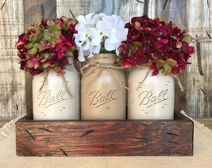 MASON Jar Decor Centerpiece (Flowers optional) -Antique Wood TRAY Rusty Handles- 3 Ball Canning Painted QUART Jars Distressed Red White Blue