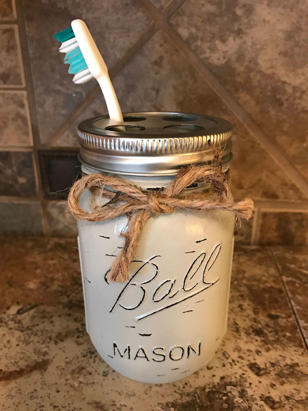 TOOTHBRUSH Holder MASON Jar Bathroom Decor, Pint Ball Jars, Painted