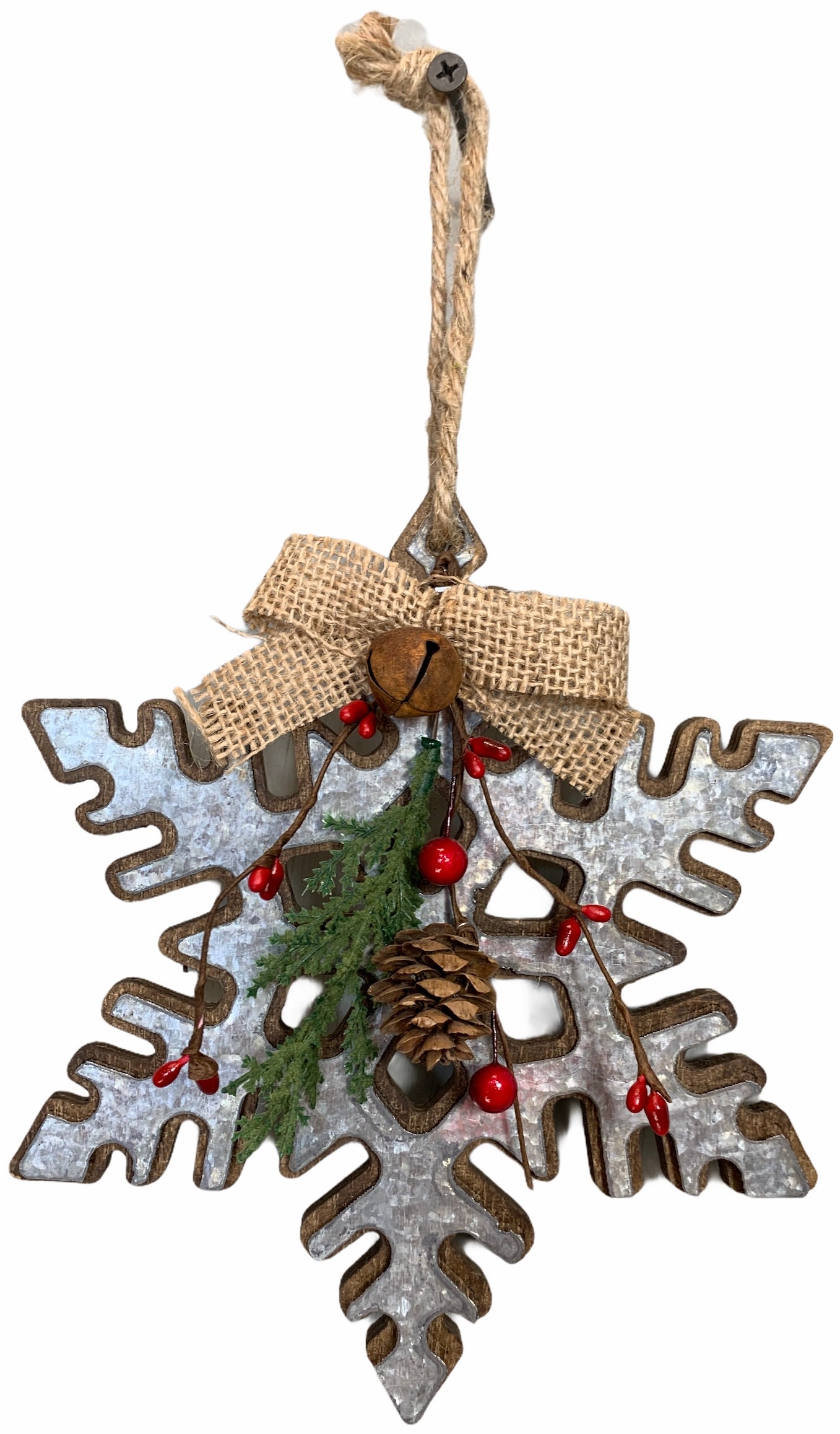 CHRISTMAS DECORATIONS RUSTIC Xmas Decor Snowflake *Farmhouse Wood Metal  Wall Hanging Galvanized Pine Berries Bell Country 8 or 12 Ornament