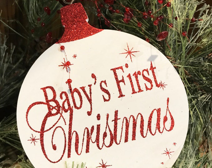 ORNAMENT World's Greatest Grandpa Grandma, Baby's First Christmas Tree Memory Gift for a boy or girl * Red Glitter on White Wood Hanging Orn