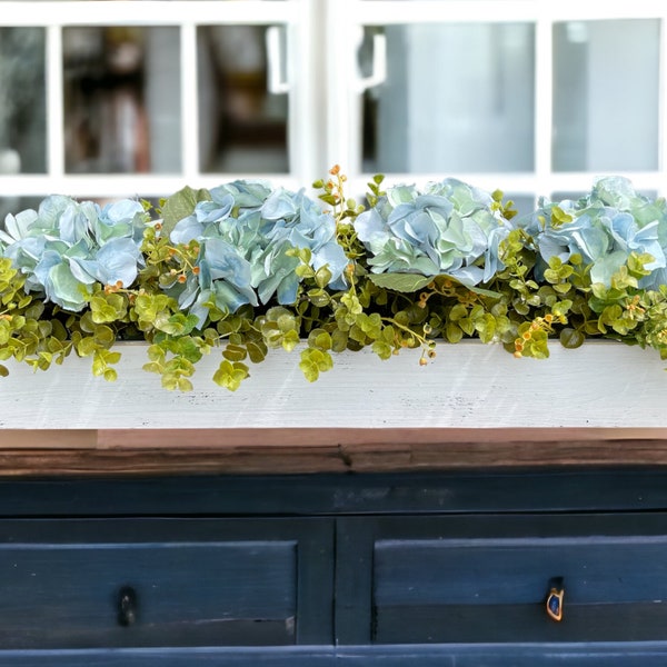 Farmhouse Centerpiece Table CUSTOM Wood Tray Planter Box  [Kitchen Island  Table Dining room Mantle Coffee Table] Floral Hydrangea Boxwood