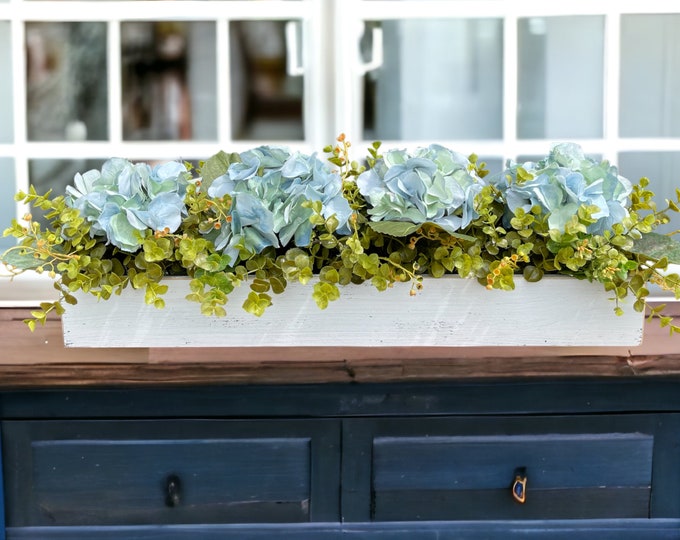 Farmhouse Centerpiece Table CUSTOM Wood Tray Planter Box  [Kitchen Island  Table Dining room Mantle Coffee Table] Floral Hydrangea Boxwood