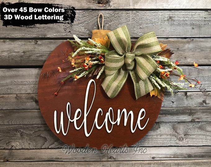 FALL Door hanger PUMPKIN sign Wreath WELCOME or Blessed Wood Sign, 16" 3D Wood Custom Sign, Bow Leaves, Autumn, Fall Door Sign, Fall Gift