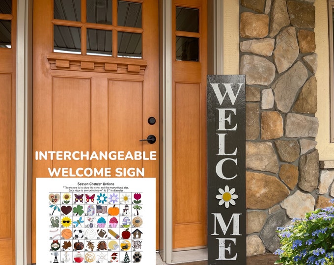 Holiday Season Changer Welcome Sign 45", Large Vertical Porch Interchangeable Sign, Front Door, Seasonal, Housewarming Gift, Black Christmas