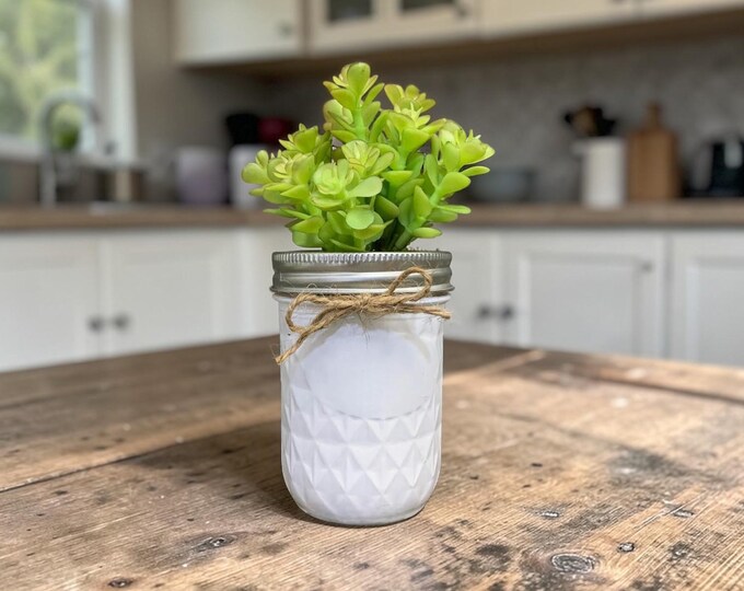 Artificial Succulent Plant in Quilted Mason Jar – Farmhouse Decor, Rustic Greenery