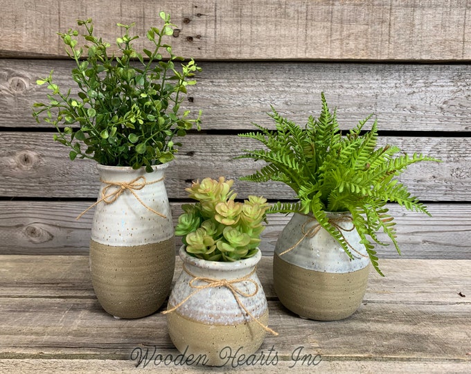Vase SUCCULENT PLANTS in Ceramic 2 TONE cream brown Pottery bottle white Pot Jar Mini Farmhouse Home Decor Distressed  Cute Garden Greenery