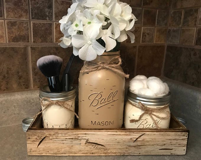 MASON Jar Bathroom SET in Antique White TRAY, Mini Makeup, Quart Vase, Pint Cotton Ball Holder Jars Painted Distressed Counter Decor Kitchen