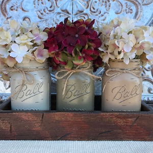 MASON Jar Decor Centerpiece, Wood Tray + 3 Ball Pint Jars, Kitchen Table Centerpiece, Table Decor, Housewarming Gift, (Flowers optional)