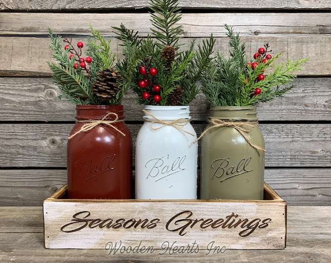 Happy Holidays Christmas ENGRAVED White Tray Kitchen Table Centerpiece CUSTOMIZE Painted Pint Mason Jars Set Evergreen Pine Berries Name