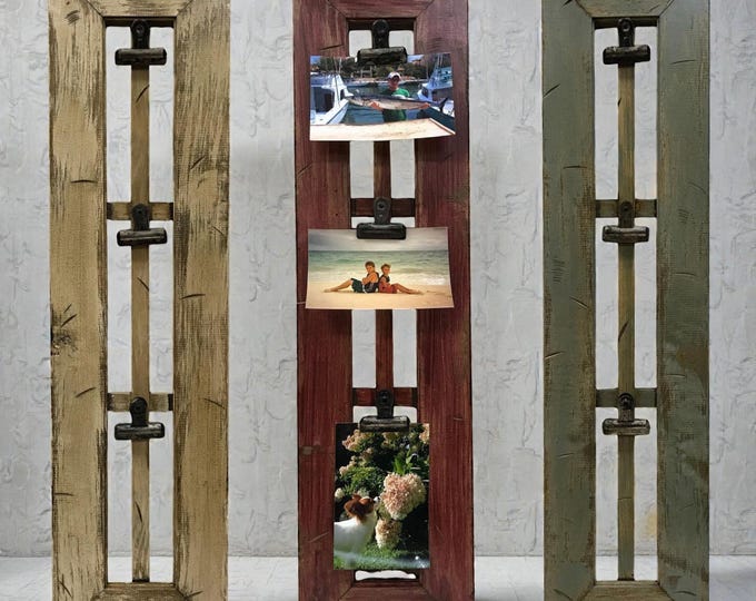 Rustic Wood Picture Frame with Clips – Farmhouse Photo Holder, Memo Board