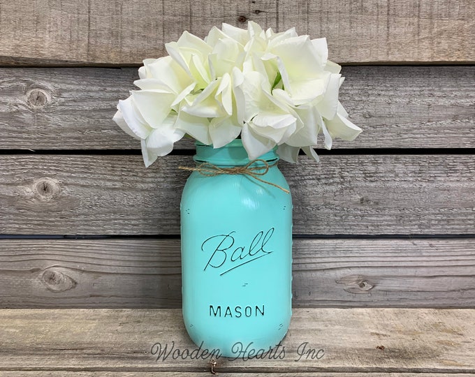MASON JAR Decor Distressed Ball QUART Hand Painted Reclaimed Cream White Tan Brown Gray Teal Blue *Great for Centerpiece Flower (Optional)