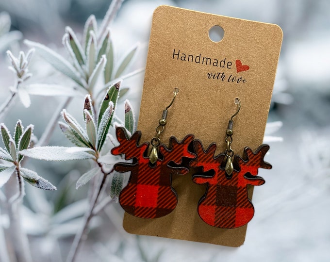 EARRINGS Reindeer Buffalo Plaid [Red Black] Stainless steel Hypo-Allergenic [ Hanging Teardrop Dangle Boho] Light weight Wood Holiday