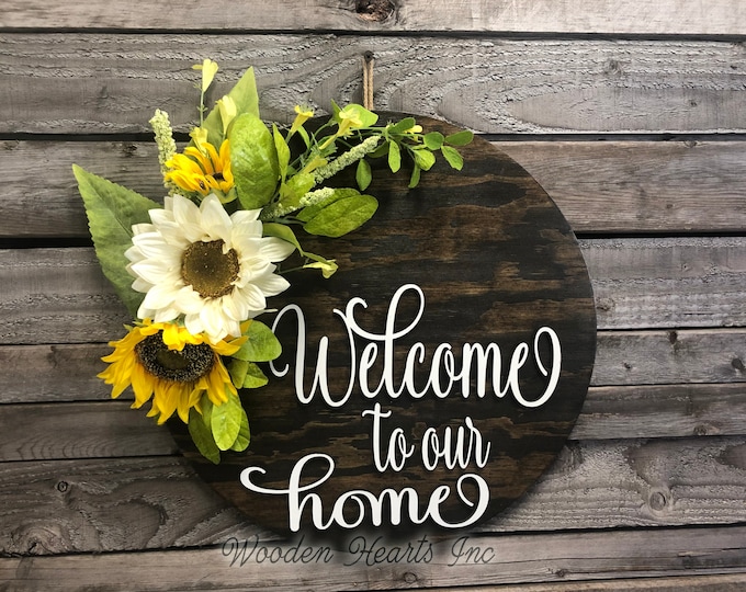 Welcome to our home | Door hanger Sign | SUNFLOWER | Spring Summer Decor | Wreath Wall Hanging, Front Door ,  Hello, House Warming Gift Mom