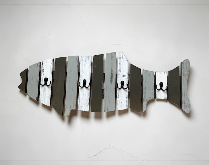 Reclaimed Wood Fish Coat Rack: Lake House Decor, Towel Hooks