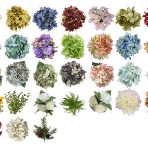 May include: A collection of artificial flowers in various colors, including yellow, blue, red, and green. The assortment features different types of blooms, such as hydrangeas, sunflowers, and other decorative floral arrangements. Perfect for crafting or home decor.