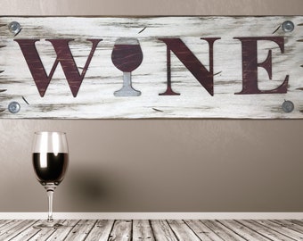 WINE with wine glass Sign, Horizontal, Winery Bar Man Cave Decor, Rustic Word Distressed Wood *Antique Red & White, Xl Large Wall
