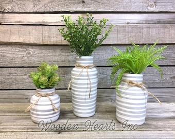 vase SUCCULENT PLANTS in Ceramic Pottery bottle  striped gray white Pot Jar Mini Farmhouse Home Decor Distressed  Cute Garden Greenery