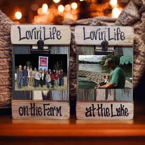 Lake PICTURE FRAME Photo SIGN Reclaimed Lovin Life at the Lake on the Farm Farmhouse Wall Decor Cream Blue Green Wood Fisherman Farmer Gift image 1