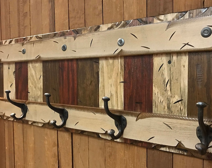 COAT Rack Wall 5 Hook Rustic Reclaimed Distressed RED BROWN Sturdy Wood Cabin Entryway Mudroom Bathroom Office Antique White Cream Log 44"