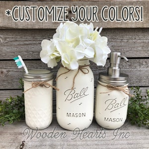 MASON Jar Bathroom 3 piece SET, Soap Lotion Pump Dispenser Makeup Brush Quart Vase Toothbrush Holder Painted Ball Jars Kitchen Counter Decor