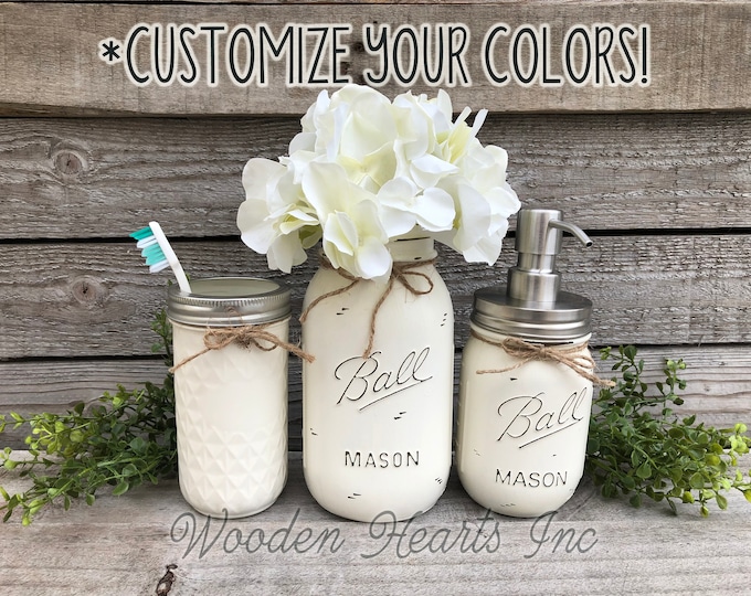 MASON Jar Bathroom 3 piece SET, Soap Lotion Pump Dispenser Makeup Brush Quart Vase Toothbrush Holder Painted Ball Jars Kitchen Counter Decor