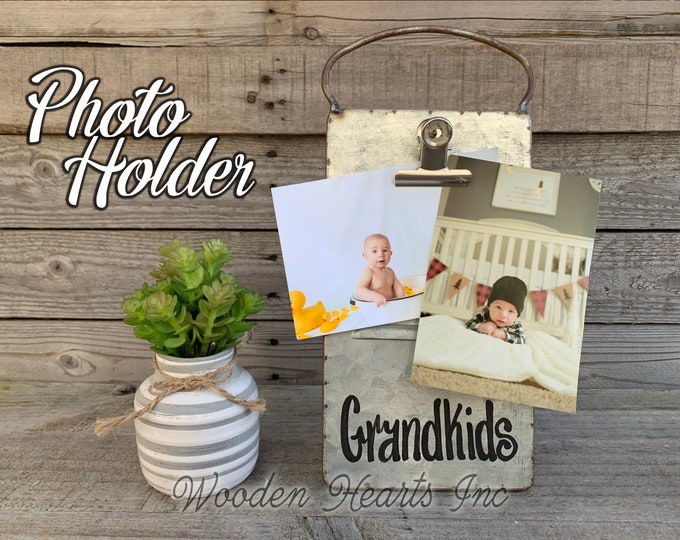 Grandkids PHOTO HOLDER Metal Antique Cheese Grater with Clip/Clipboard Picture Frame great for 4x6 photos -Vintage Rustic Silver, Family