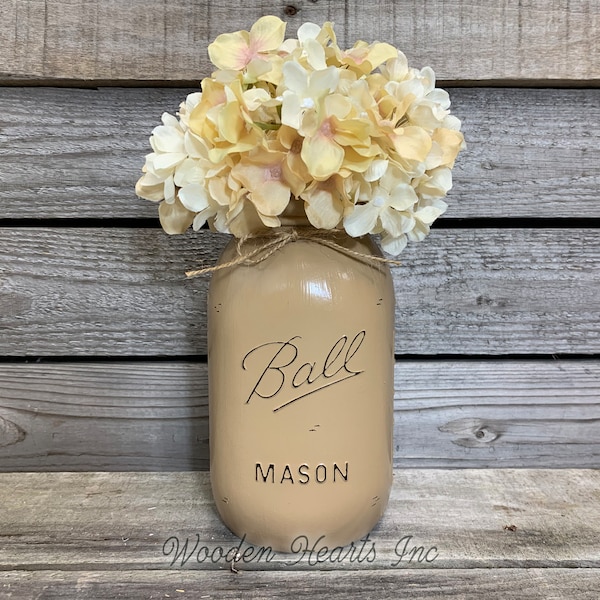 MASON JAR Decor Distressed Ball QUART Hand Painted Reclaimed Cream White Tan Brown Gray Teal Blue *Great for Centerpiece Flower (Optional)