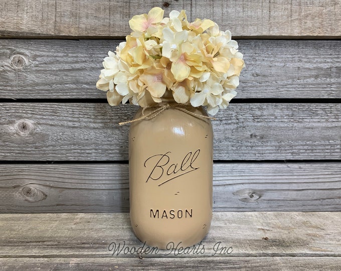 MASON JAR Decor Distressed Ball QUART Hand Painted Reclaimed Cream White Tan Brown Gray Teal Blue *Great for Centerpiece Flower (Optional)