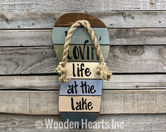 FLIP FLOP SIGN Lovin Life at the Lake in Flops Reclaimed wood Pallet Wall Beach House Ocean Summer Cutout Shaped Decor Green Blue Tan Cream