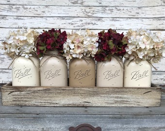 MASON Jar Decor Centerpiece (Flowers optional) -Antique Wood TRAY Rusty Handles- 5 Ball Canning Painted QUART Jars Distressed Red White Blue
