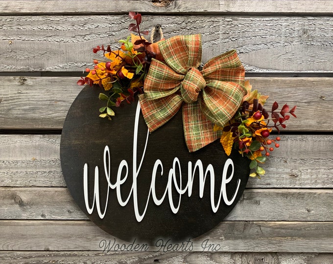 FALL Door hanger Wreath, Welcome Sign, Hello Sign, Wood Round Wall Sign, 12" or 16" 3D Wood Lettering, Bow  Leaves, Fall Sign, Fall Gift