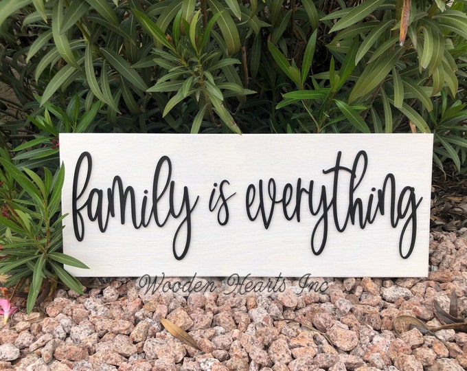 Family is Everything Sign Wood, 3D  Lettering, Home Wall Horizontal Housewarming Gift House 9x24 White Gray Black Wooden Plaque