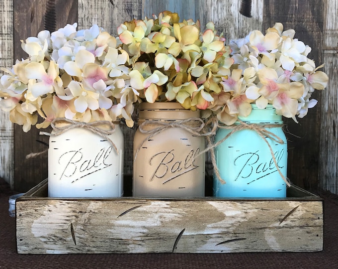 MASON Jar Decor Centerpiece (Flowers optional), 3 Ball Painted Pint Jars, Distressed Wood Antique Tray + Handles, Kitchen Table Centerpiece