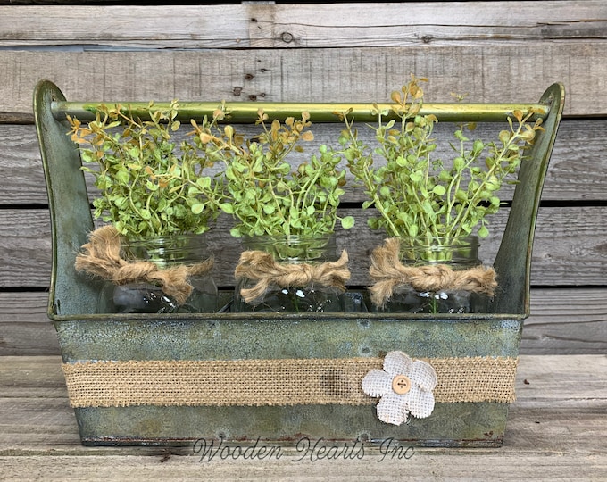 Metal CADDY with Dividers -rustic reclaimed GRUNGE centerpiece (jars & flowers optional) organizer with burlap *Bathroom Kitchen Living Room