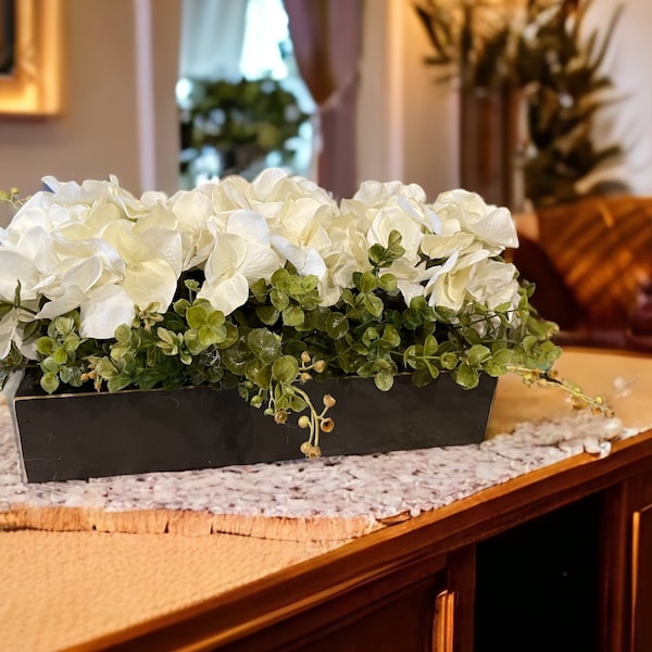 CUSTOM Centerpiece Planter Box Table Modern Farmhouse [Kitchen Island  Sofa Table Dining room Mantle Coffee Table]Floral Hydrangea Boxwood