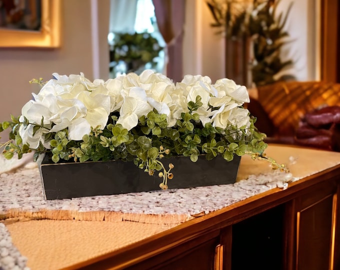 CUSTOM Centerpiece Planter Box Table Modern Farmhouse [Kitchen Island  Sofa Table Dining room Mantle Coffee Table]Floral Hydrangea Boxwood