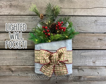 Christmas Wall Tin Pocket Galvanized Planter Metal Lighted Evergreen Pinecones Arrangement Fairy Lights Xmas Hanging Decoration Bow Holiday