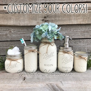 JAR Bathroom 5 piece MASON Decor SET, Soap Dispenser Makeup Quart Vase Toothbrush Cotton Ball Holder Jars Painted Distressed Kitchen Counter
