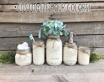 JAR Bathroom 5 piece MASON Decor SET, Soap Dispenser Makeup Quart Vase Toothbrush Cotton Ball Holder Jars Painted Distressed Kitchen Counter