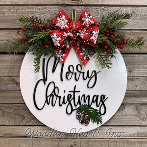 Happy Holidays Door Hanger Wreath, 16 Wood Round Pinecone Sign Greenery, Merry Christmas, Seasons Greetings, 3D Wood Lettering, Xmas Gift image 2