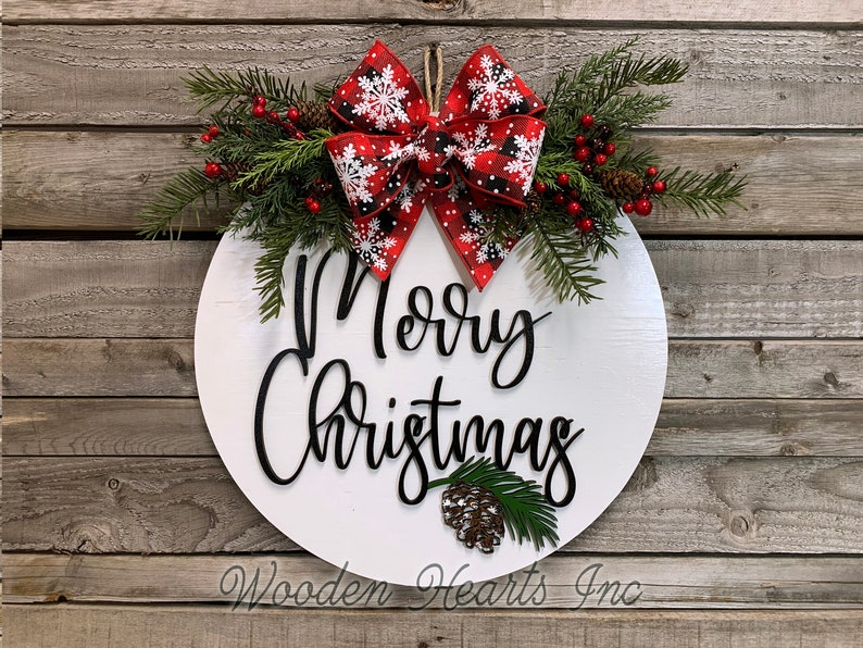 Happy Holidays Door Hanger Wreath, 16 Wood Round Pinecone Sign Greenery, Merry Christmas, Seasons Greetings, 3D Wood Lettering, Xmas Gift image 2