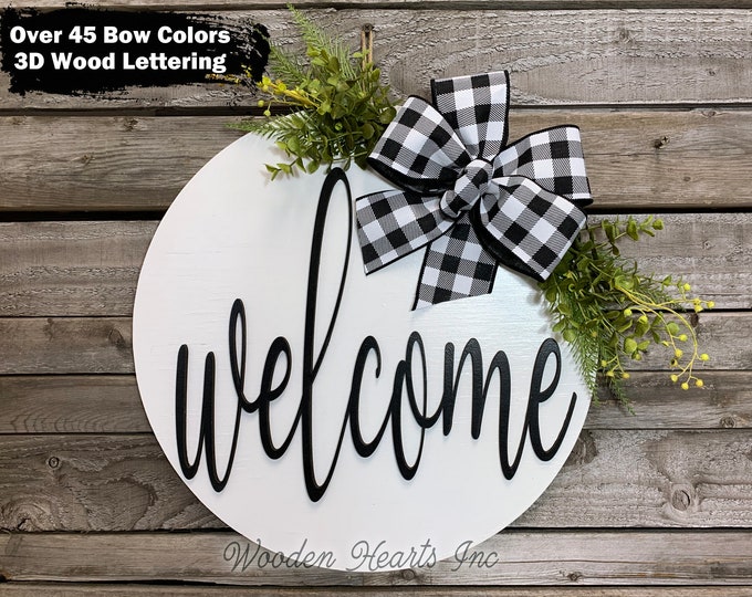 Front Door Decor, Welcome Hanger 16" Round 3D Wood Letters Sign Wreath with Bow Ribbon Greenery, Everyday Sign Distressed, Fall Decor Gift