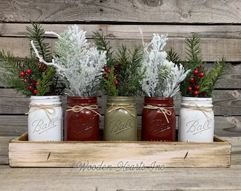 Mason Jar Centerpieces CHRISTMAS HOLIDAY Tray with 5 Jars, Holiday Wood Tray, Christmas Gift, Kitchen Table Decor, Table Centerpiece, Gift