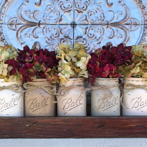 MASON Jar Decor Centerpiece (Flowers optional) -Antique TRAY with Reclaimed Handles- 5 Ball Canning Painted Pint Jars Distressed Wood
