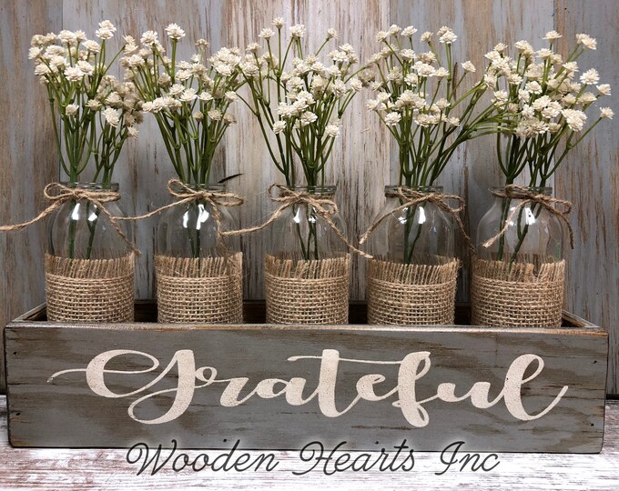 GRATEFUL, Thankful, or Blessed Wood Box Tray table centerpiece with glass bottle jars (greenery optional) *Wedding *CUSTOMIZE Color & Word