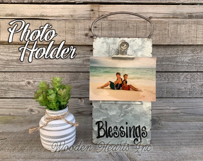 Blessings Sign PHOTO HOLDER Metal Antique Cheese Grater with Clip/Clipboard Free Standing Picture Frame 4x6 photos Vintage Silver Family